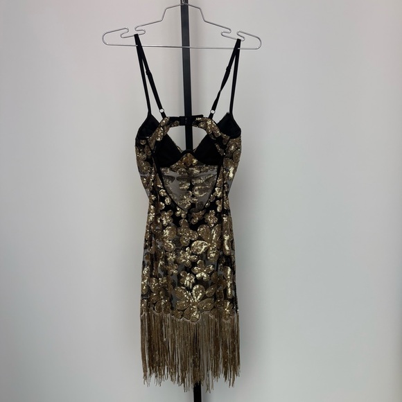 For Love & Lemons gold black colette sequin mini dress with fringe hem Size: XS - Picture 7 of 11